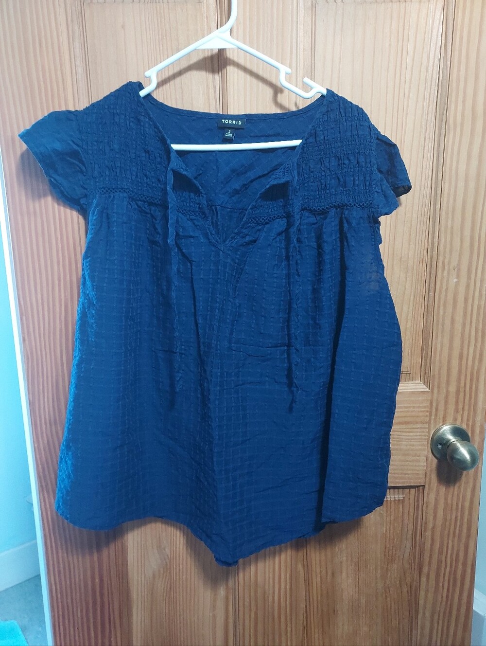 torrid Navy Smocked Peasant Blouse with Tie Front